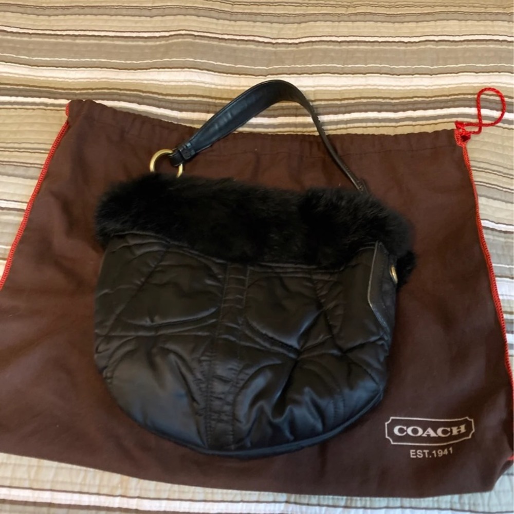 Coach black Nylon purse w rabbit fur